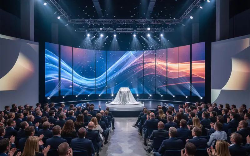 Stage lighting sweeping over the crowd at a launch evening